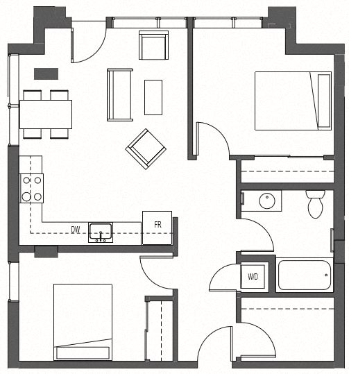 Floor plan for 2 beds, 1 bath, 812 sqft